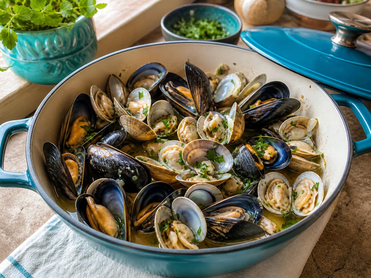 Demostración culinaria de almejas y mejillones al vapor en una cocina limpia