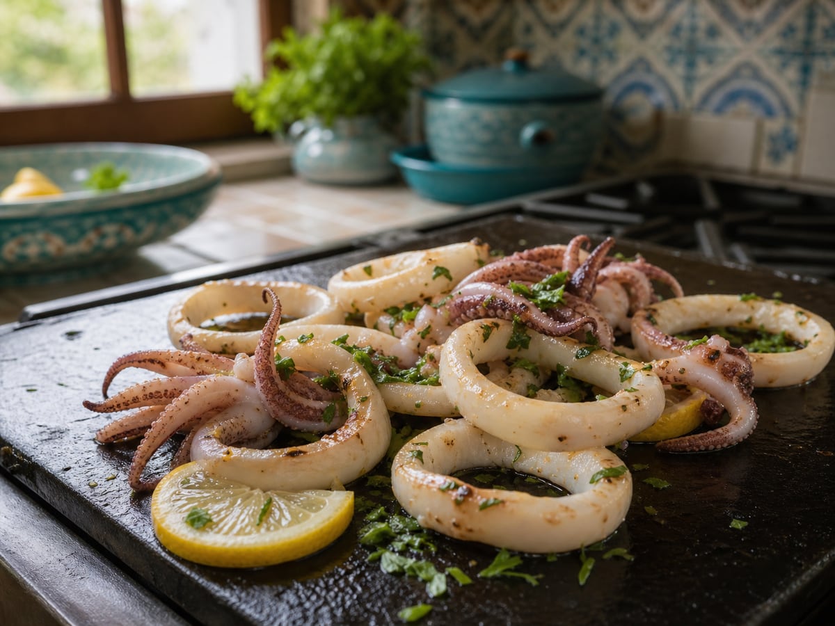 Demostración culinaria de cómo lograr calamar tierno en una cocina limpia