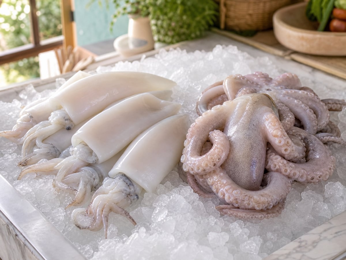 Demostración culinaria de cómo comprar pulpo y calamar en una cocina limpia