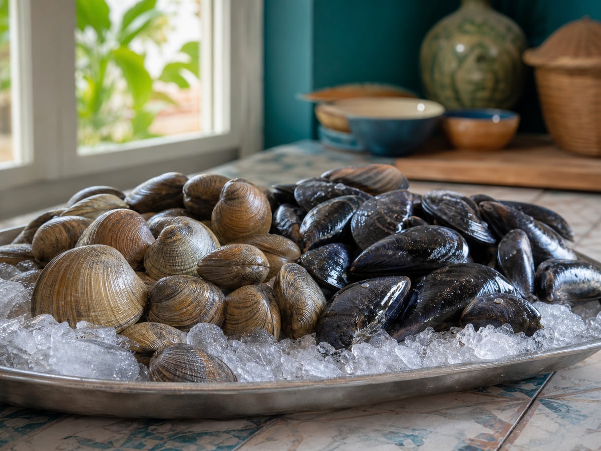 Demostración culinaria de cómo elegir almejas y mejillones en una cocina limpia
