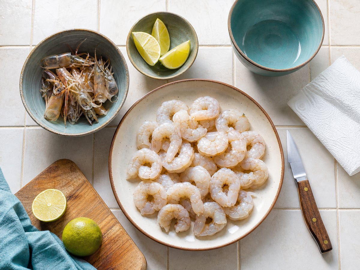 Demostración culinaria de cómo limpiar camarones en una cocina limpia