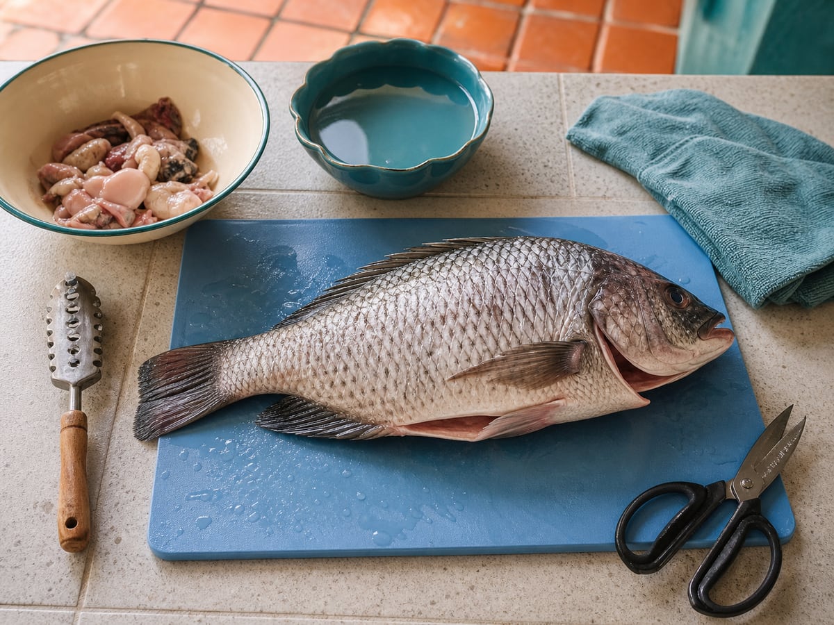 Demostración culinaria de cómo limpiar un pescado entero en una cocina limpia