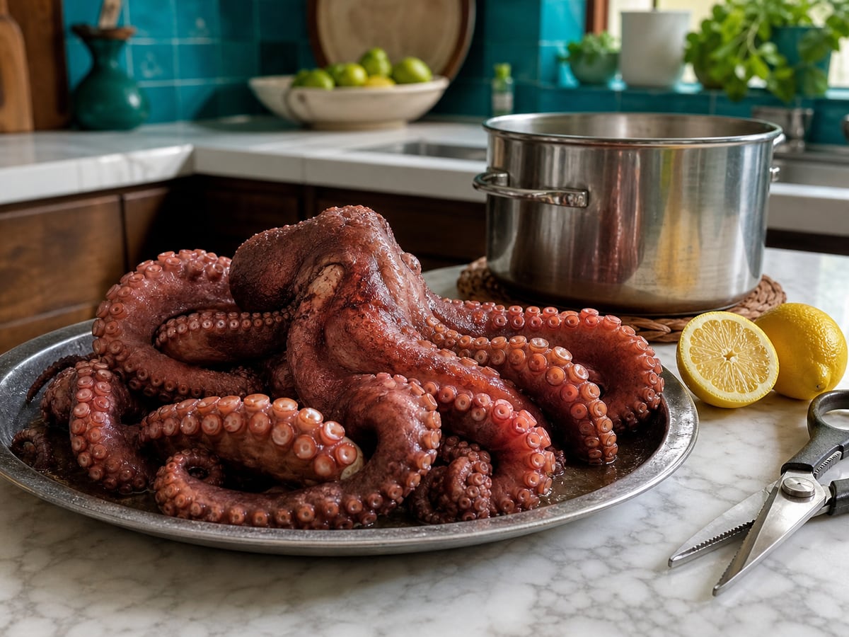 Demostración culinaria de cómo preparar pulpo en una cocina limpia