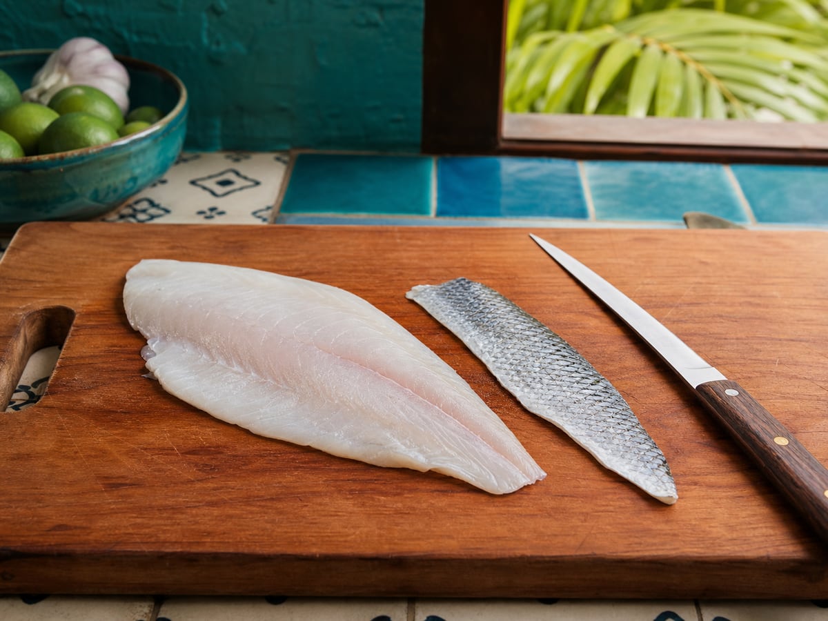 Demostración culinaria de cómo retirar la piel de un filete en una cocina limpia