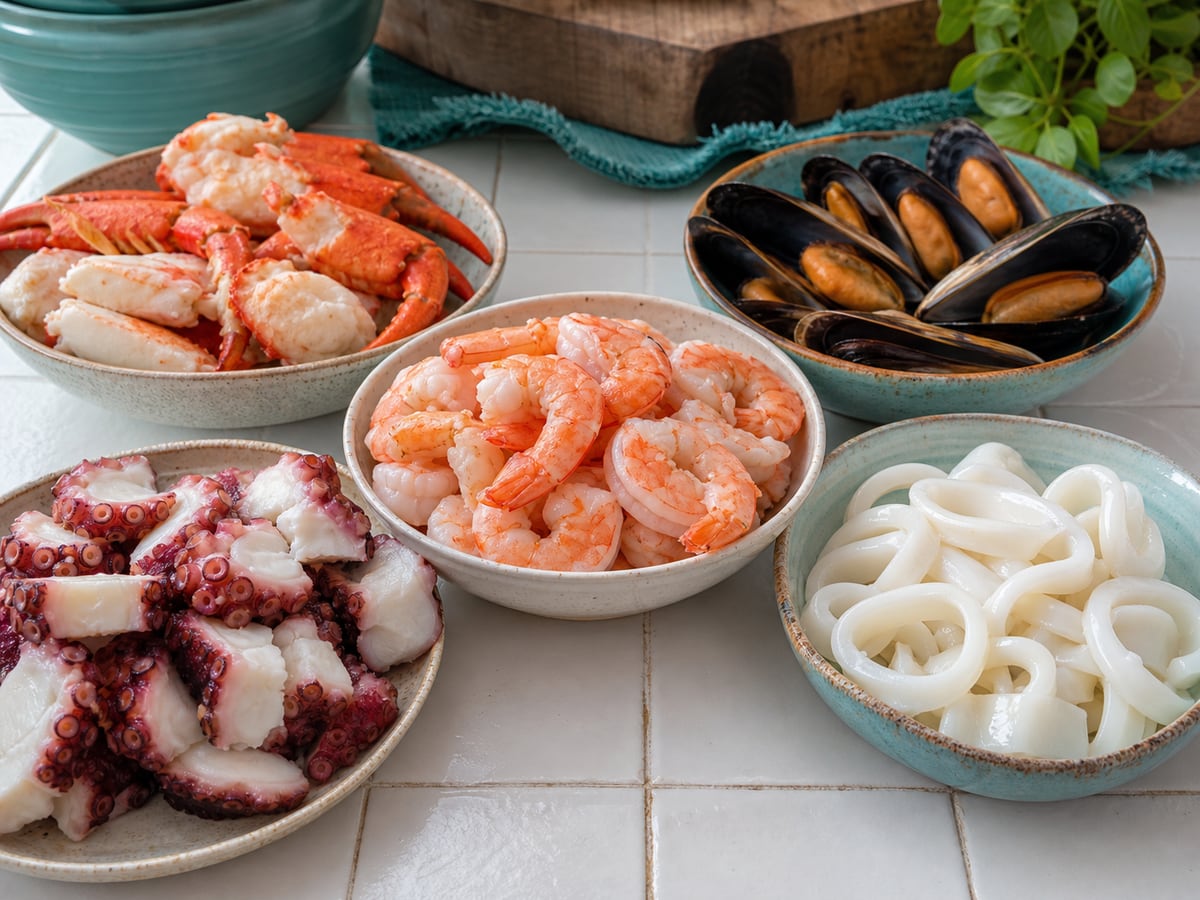 Demostración culinaria de crustáceos y moluscos en una cocina limpia
