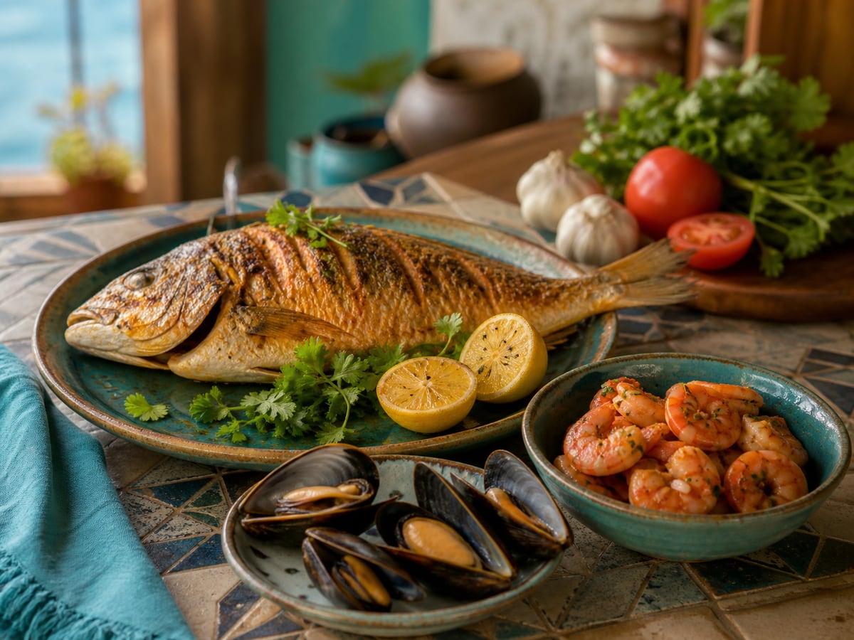 Mesa costera con pescado cocido, camarones, mejillones, limón y hierbas