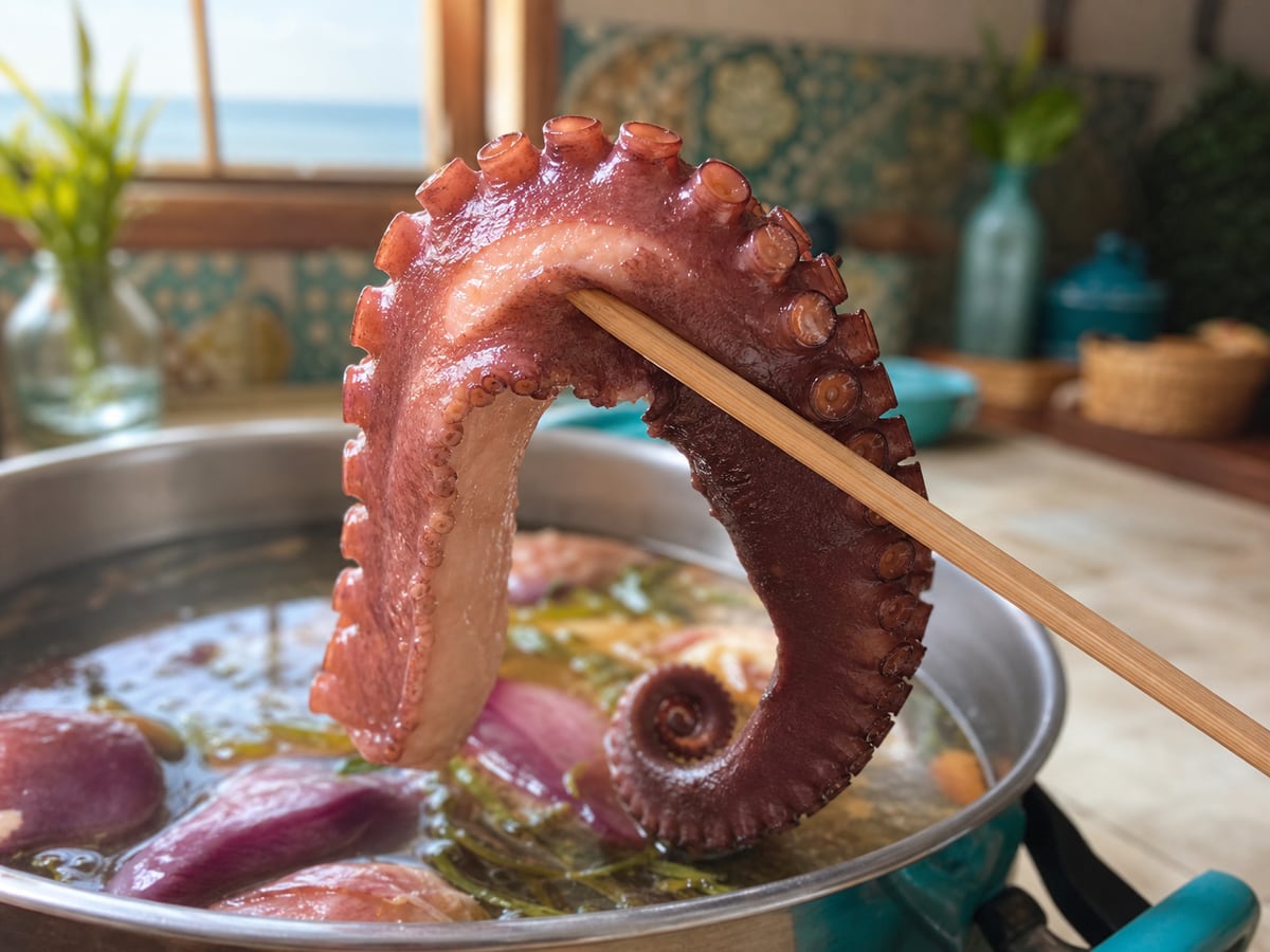 Demostración culinaria de cómo cocinar pulpo tierno en una cocina limpia