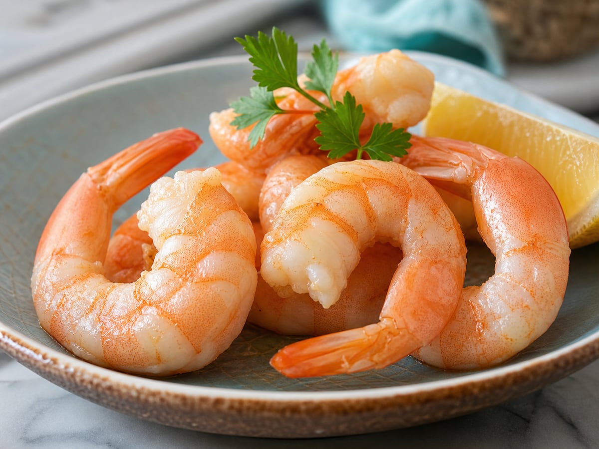 Camarones cocidos firmes, opacos y jugosos