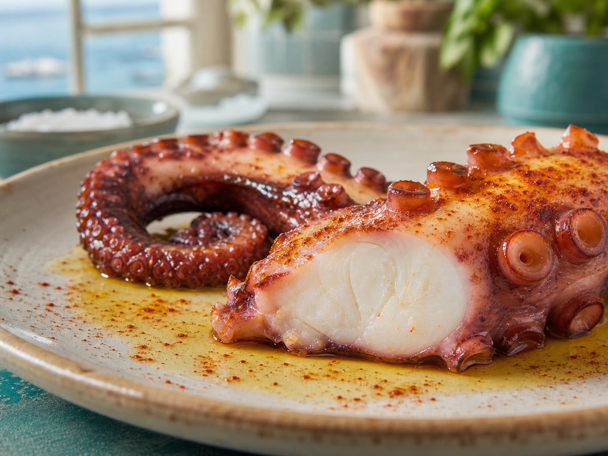 Tentáculo de pulpo cocido y tierno listo para cortar