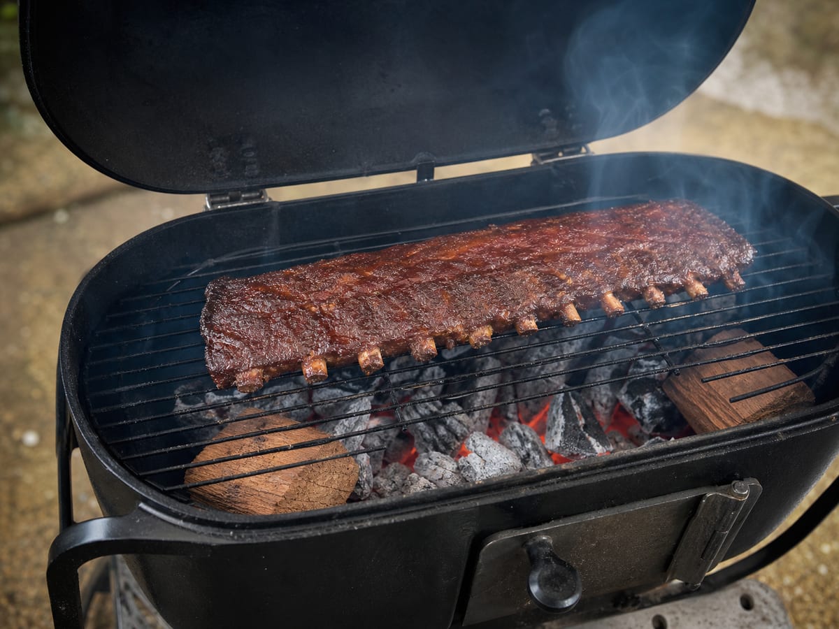 Parrilla de carbón tapada con trozos de madera y una corriente fina de humo azul
