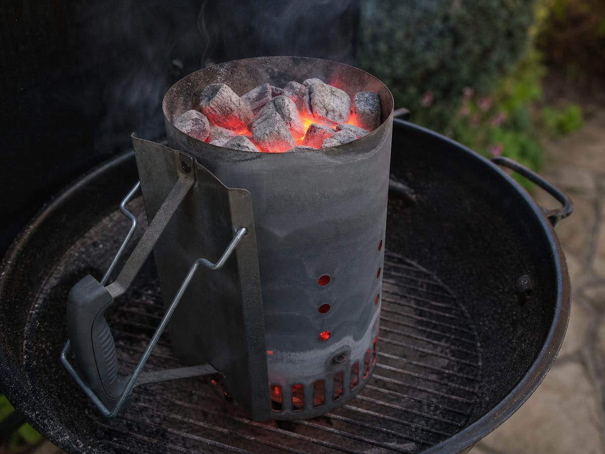 Carbón encendido correctamente en una parrilla al aire libre