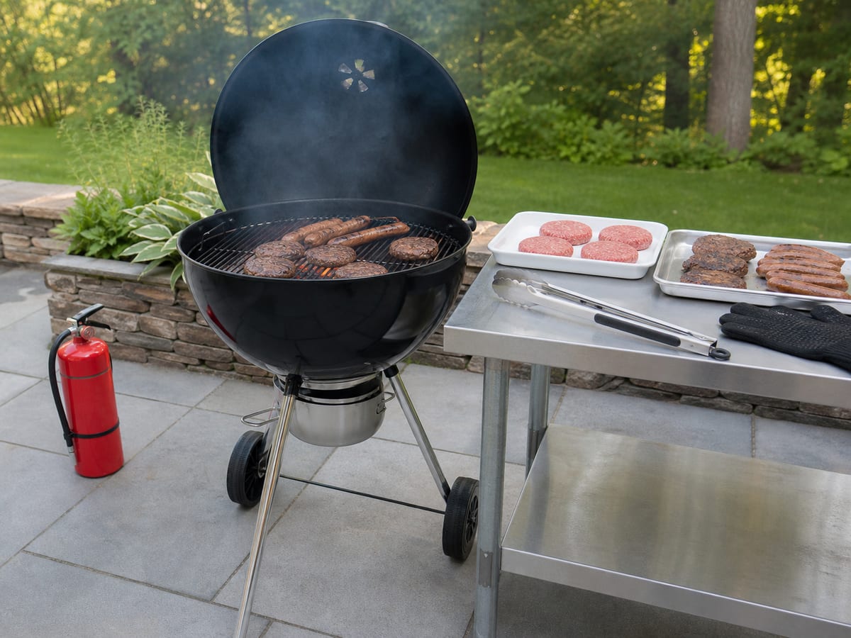 Parrilla de carbón segura al aire libre con guantes, pinzas y extintor cercano