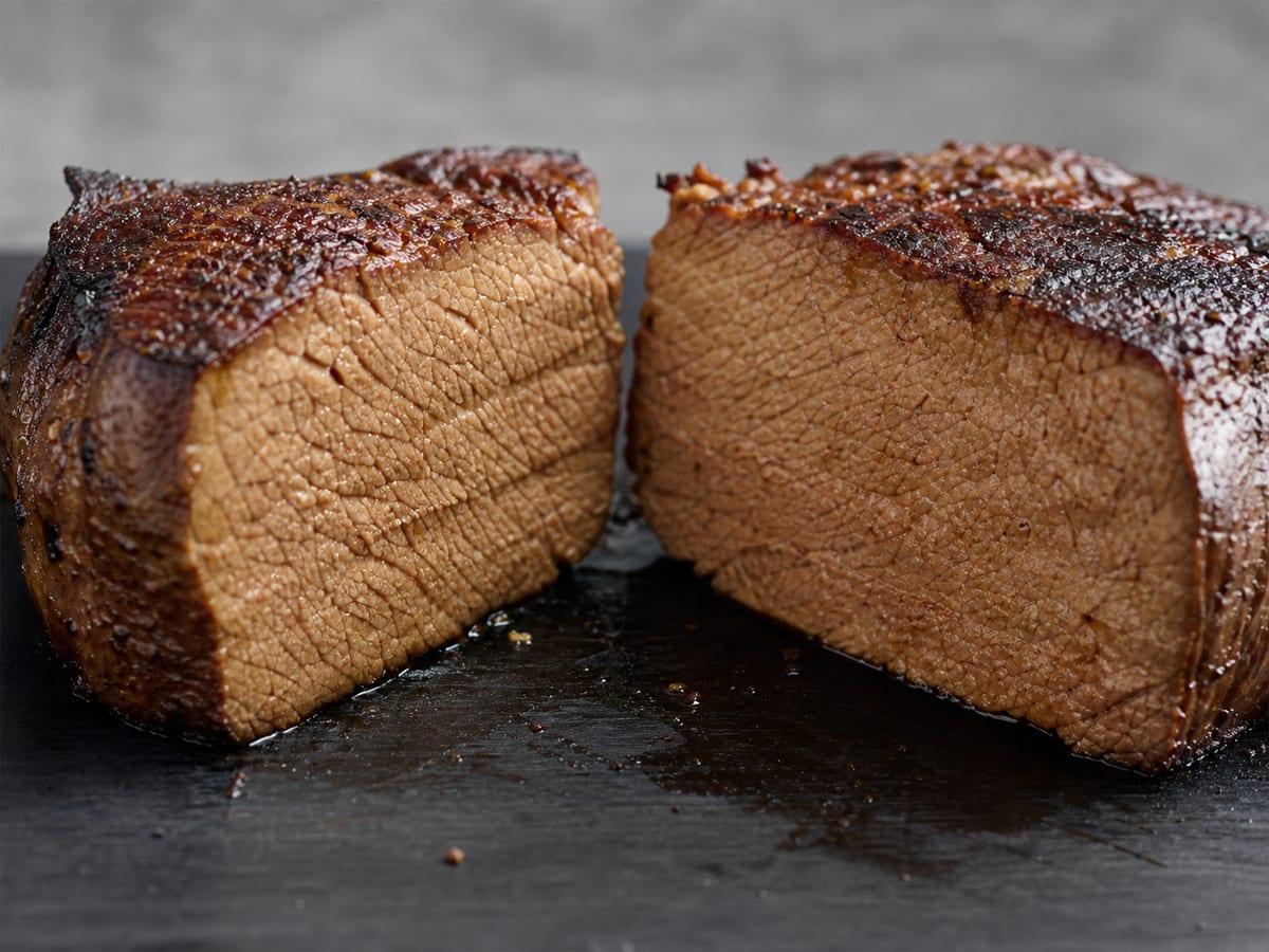 Bistec cortado completamente cocido sin centro rosado