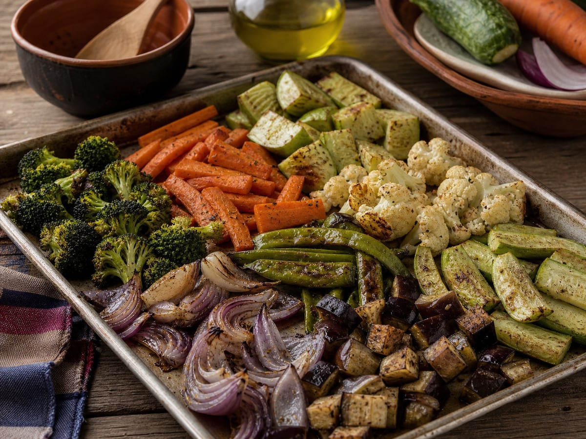 Escena culinaria realista que ilustra cómo asar vegetales