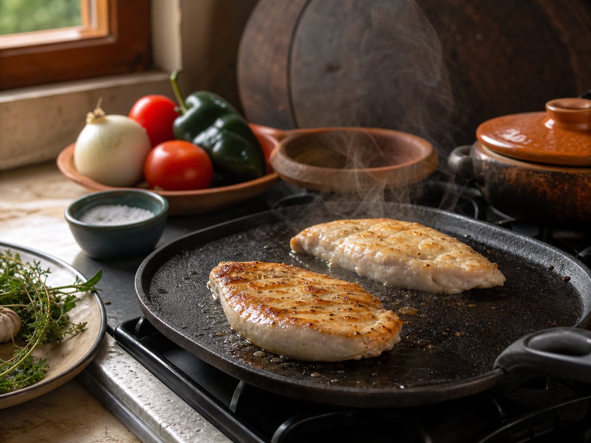 Escena culinaria realista que ilustra cocinar a la plancha