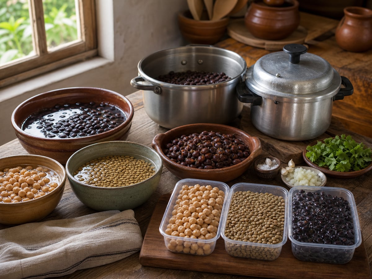 Escena culinaria realista que ilustra cocinar y conservar legumbres