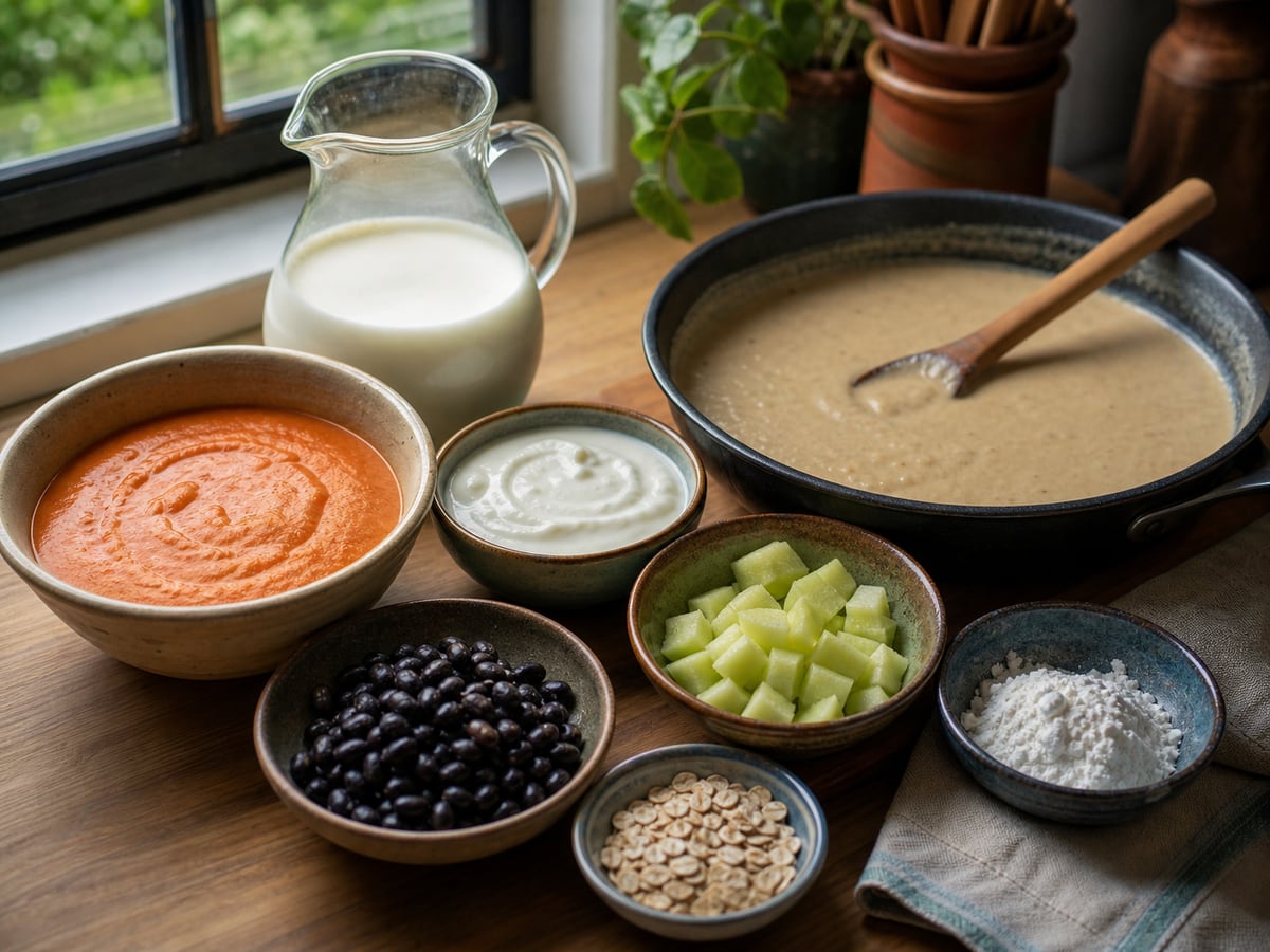 Escena culinaria realista que ilustra espesar salsas sin exceso de crema
