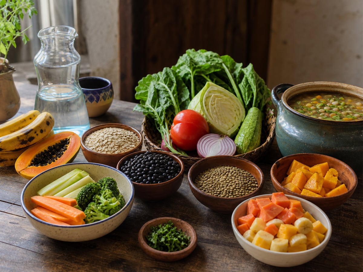 Escena culinaria realista que ilustra fibra en la cocina diaria