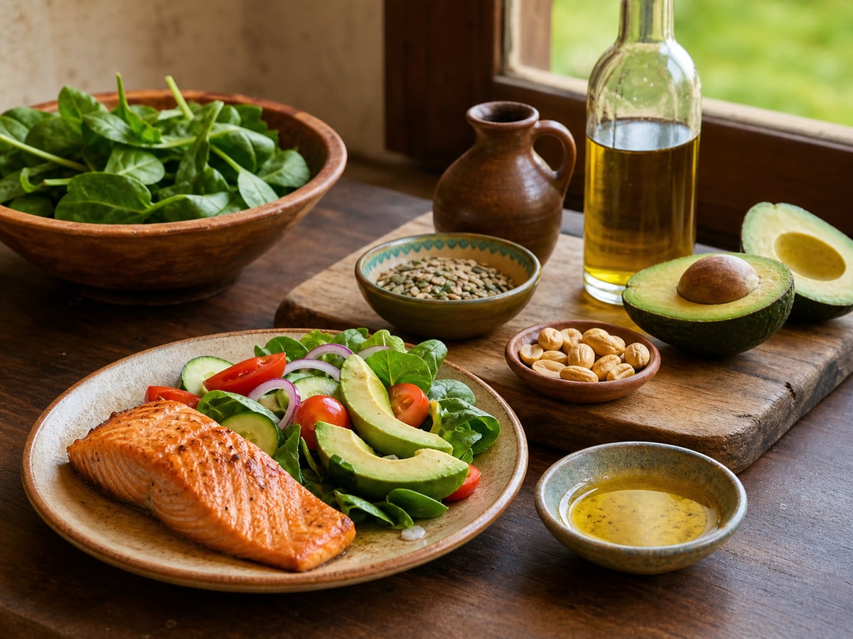 Escena culinaria realista que ilustra grasas: sabor y cantidad