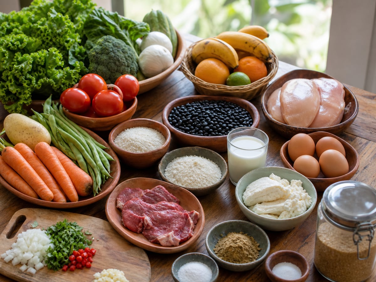 Escena culinaria realista que ilustra lista de compras saludable y económica