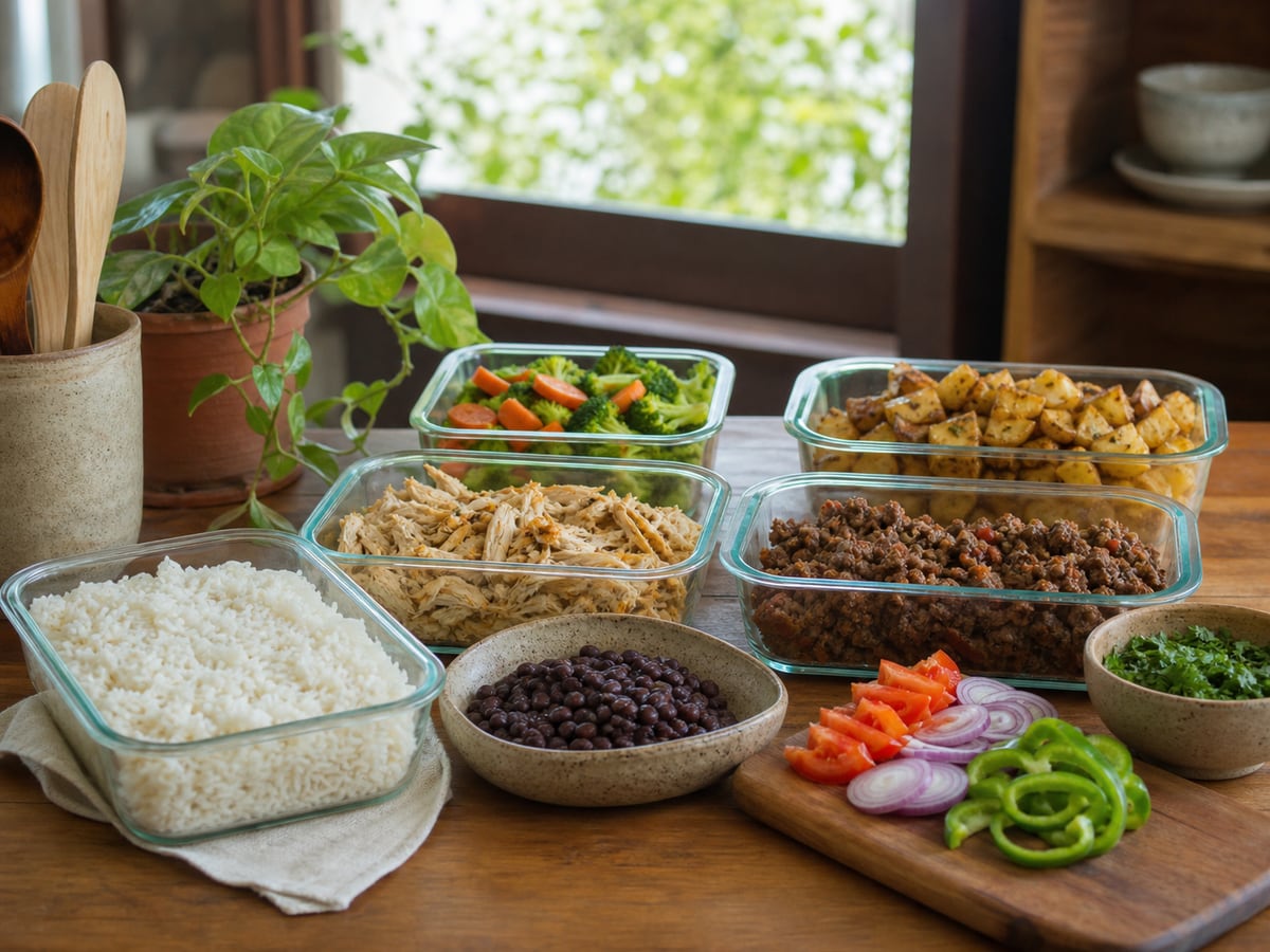 Escena culinaria realista que ilustra meal prep realista