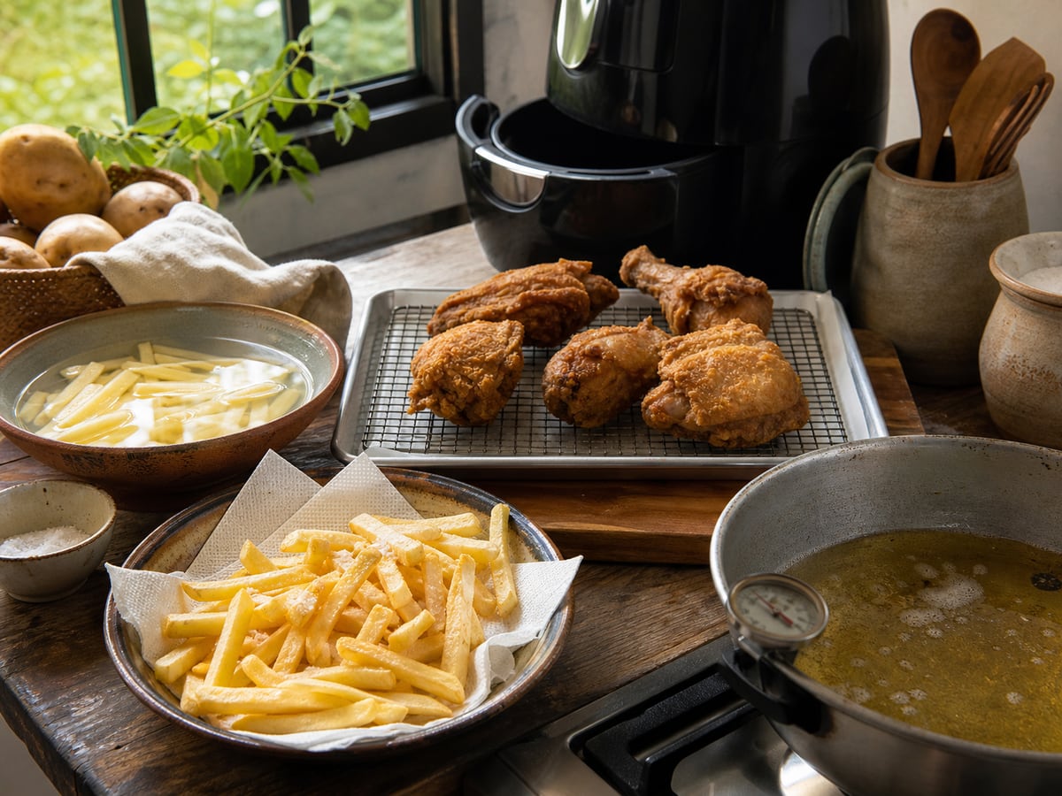 Escena culinaria realista que ilustra mejorar frituras sin prohibirlas