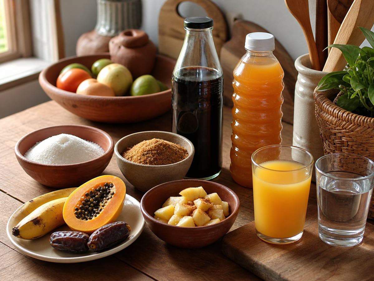 Escena culinaria realista que ilustra menos azúcar añadida