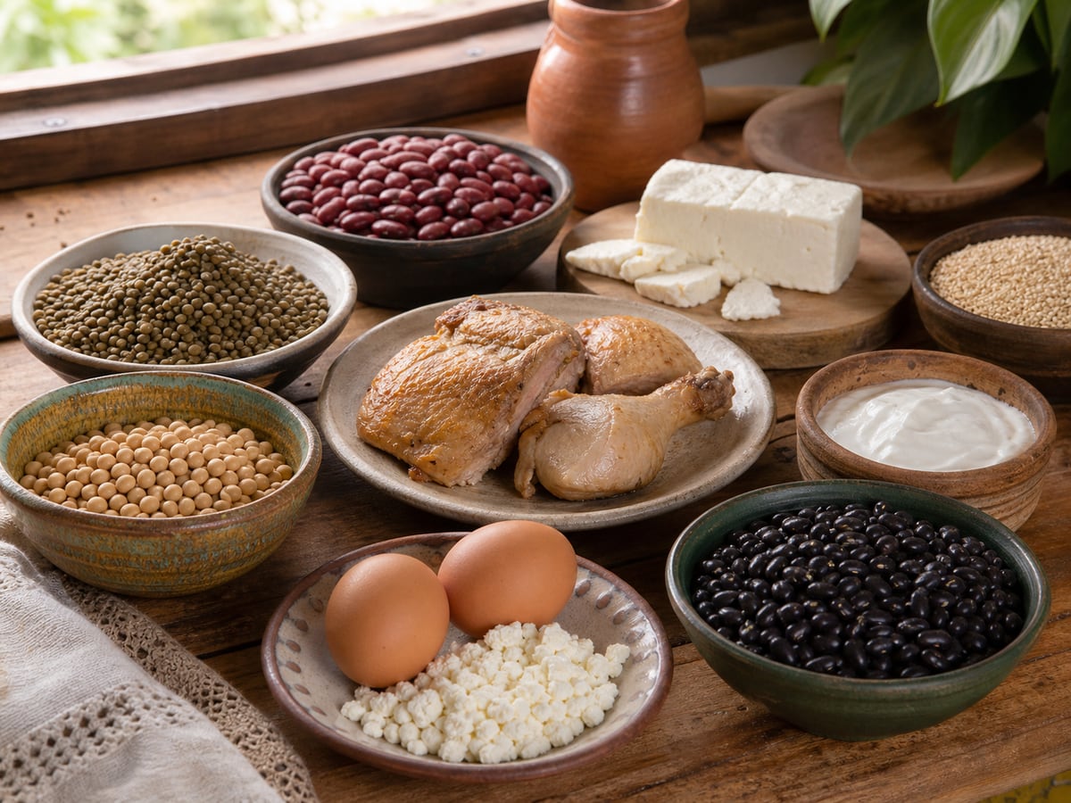 Escena culinaria realista que ilustra proteínas accesibles