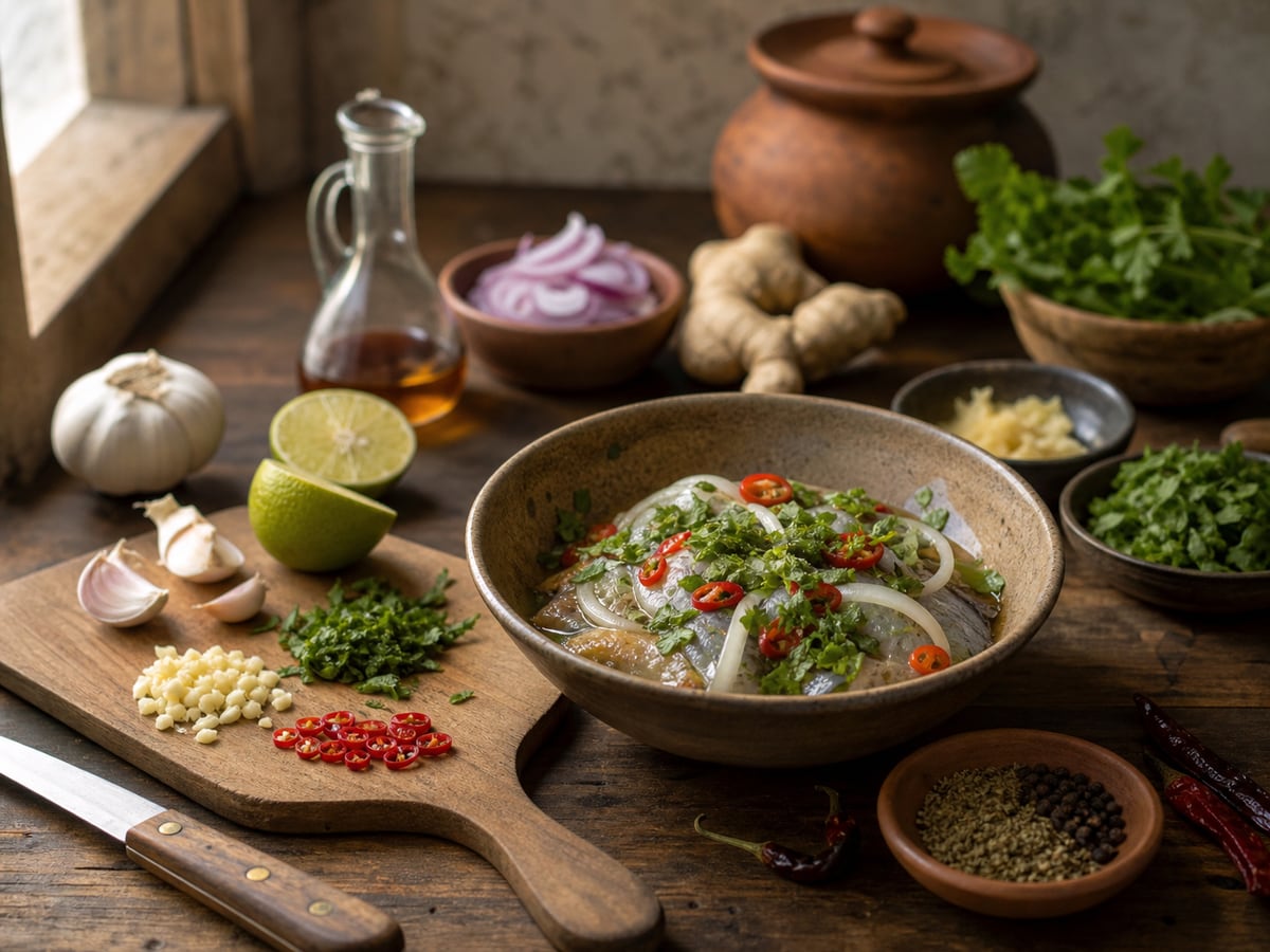 Escena culinaria realista que ilustra dar sabor sin depender del exceso de sal