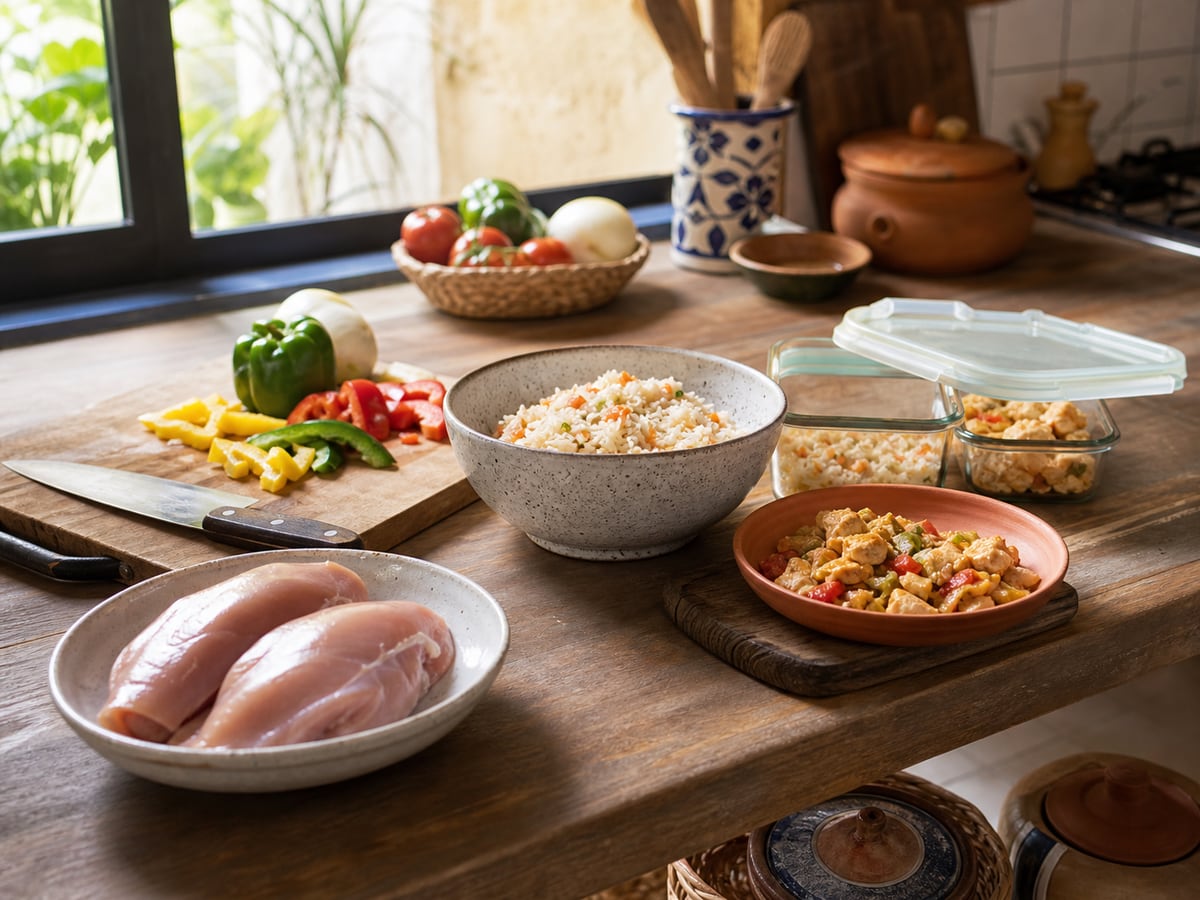 Escena culinaria realista que ilustra seguridad alimentaria en la cocina diaria