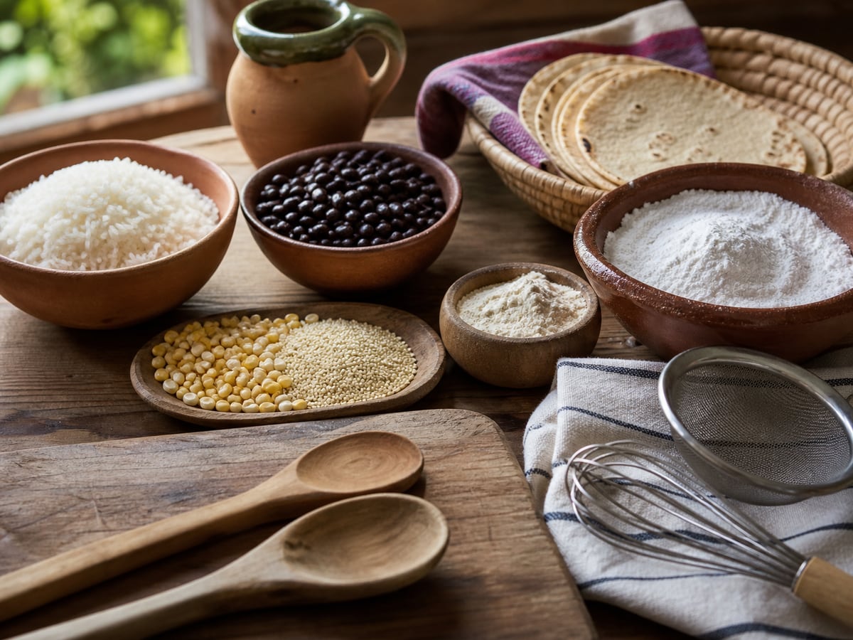 Escena culinaria realista que ilustra cocina sin gluten y contaminación cruzada