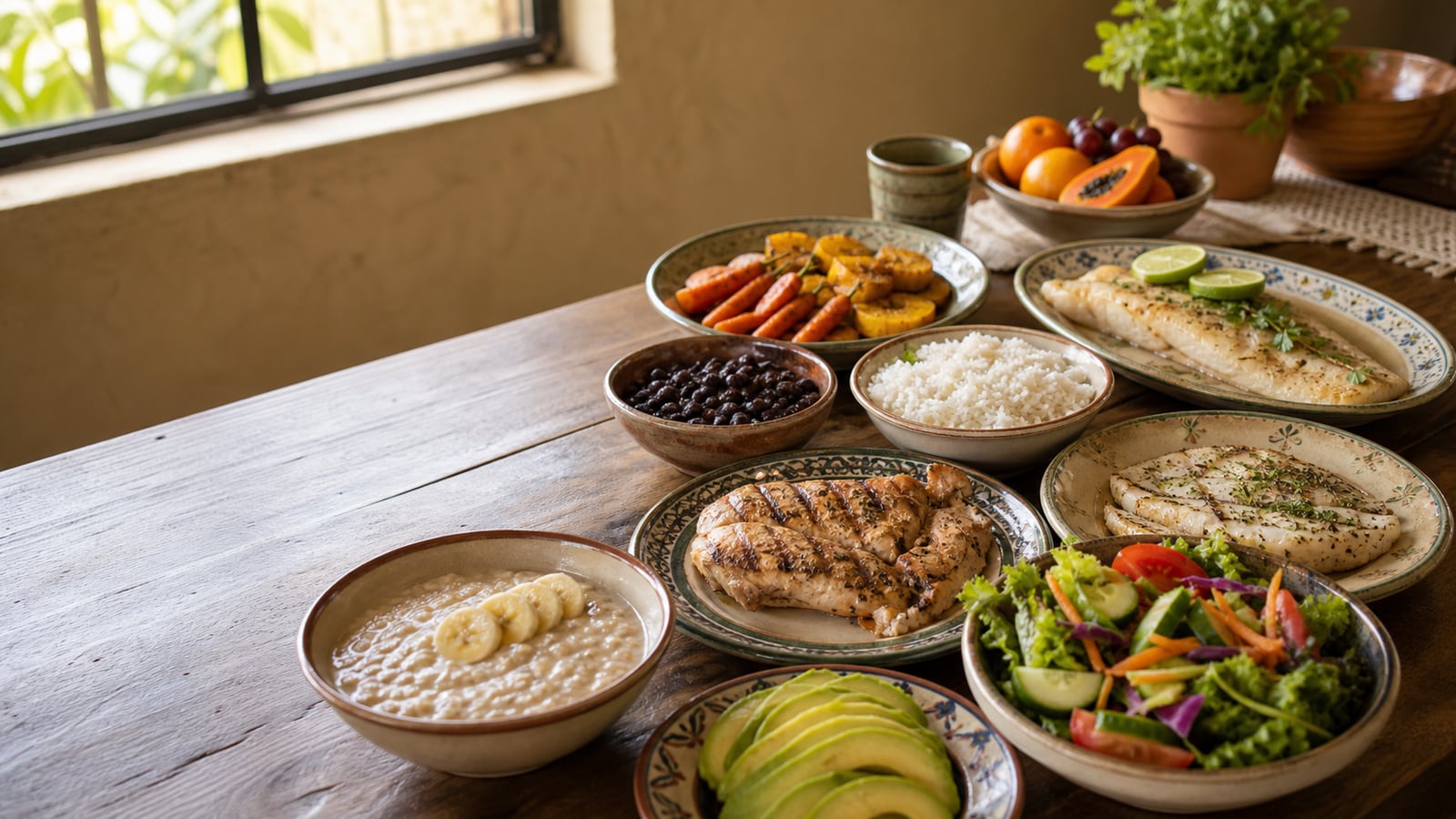 Mesa con pollo, pescado, arroz, frijoles, vegetales, fruta y avena en porciones caseras