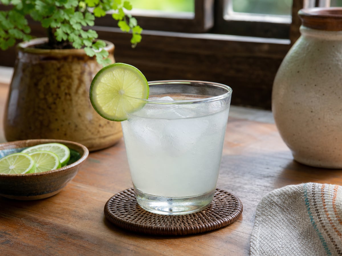 Agua con limón sin azúcar servido en una porción casera con ingredientes visibles