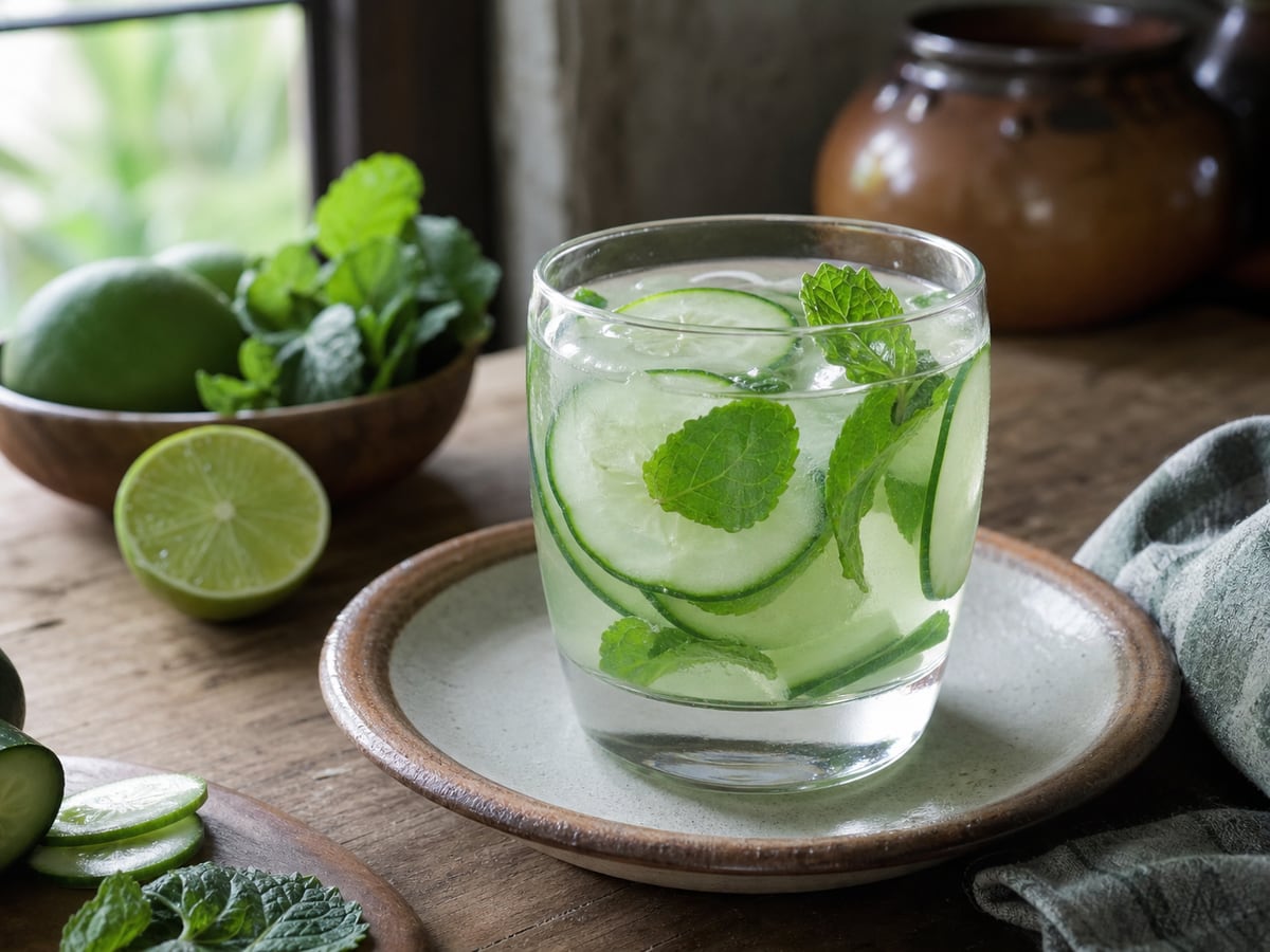 Agua con pepino y hierbabuena servido en una porción casera con ingredientes visibles