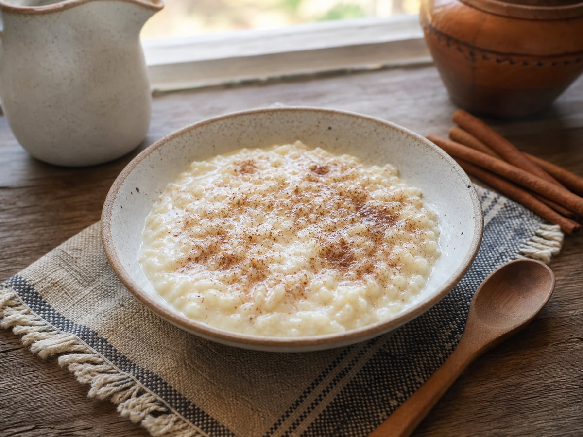 Arroz con leche con azúcar moderada servido en una porción casera con ingredientes visibles