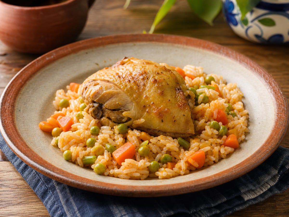 Arroz con pollo y vegetales servido en una porción casera con ingredientes visibles