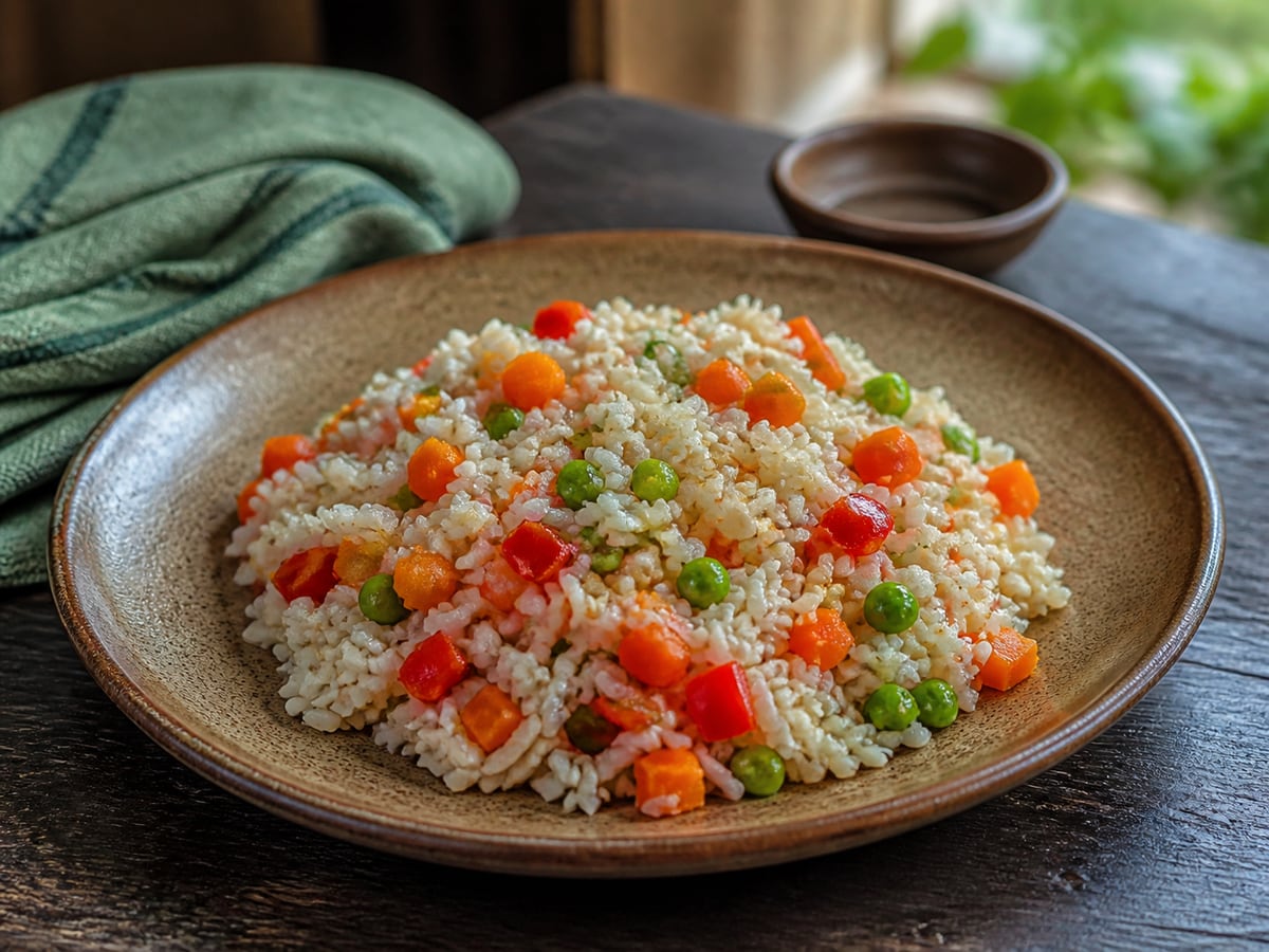 Arroz con vegetales servido en una porción casera con ingredientes visibles