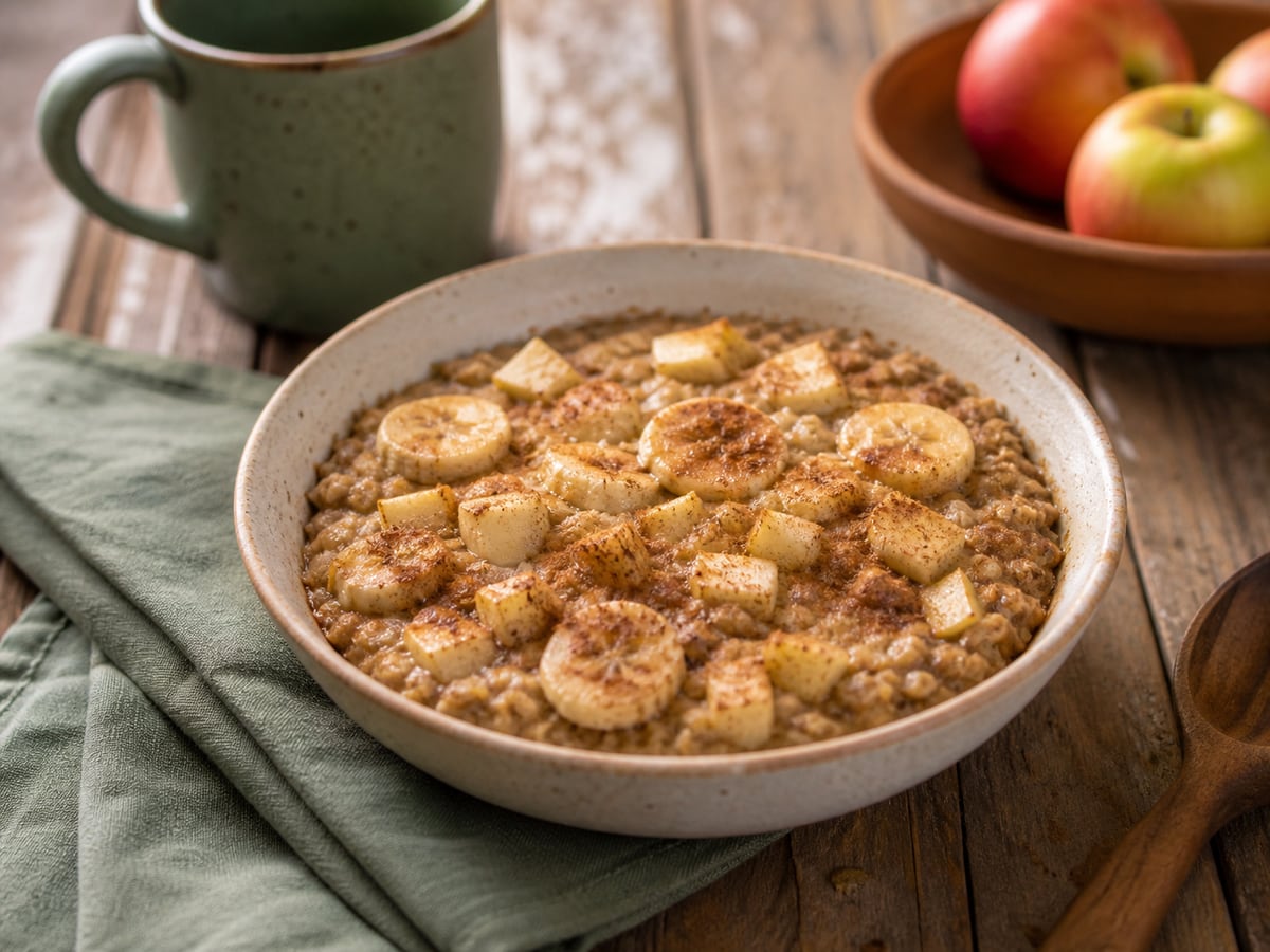 Avena horneada con fruta servido en una porción casera con ingredientes visibles