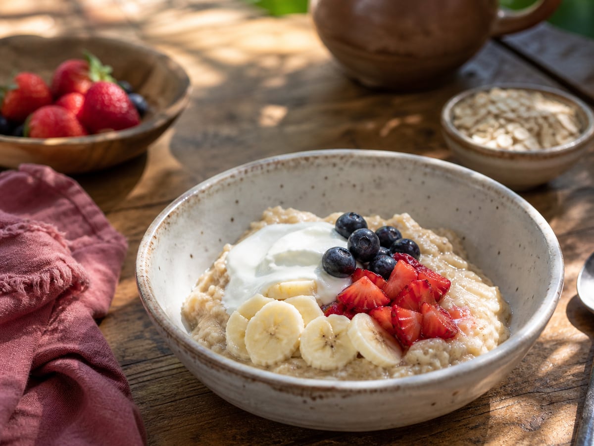 Avena nocturna con yogur y fruta servido en una porción casera con ingredientes visibles