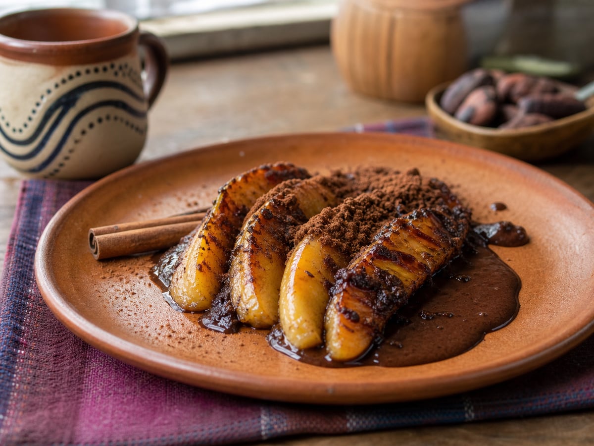 Banano asado con cacao servido en una porción casera con ingredientes visibles