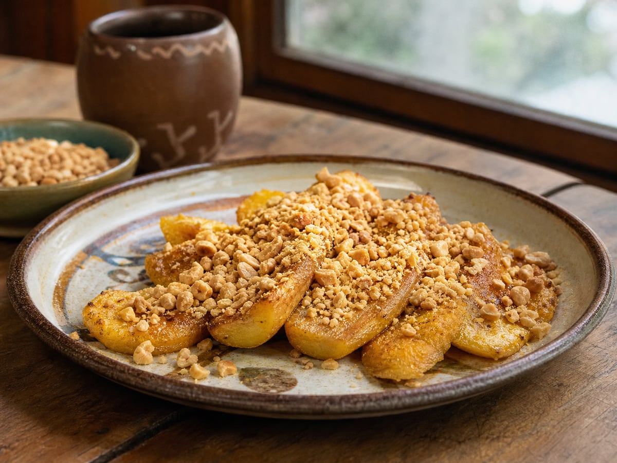Banano con manías servido en una porción casera con ingredientes visibles