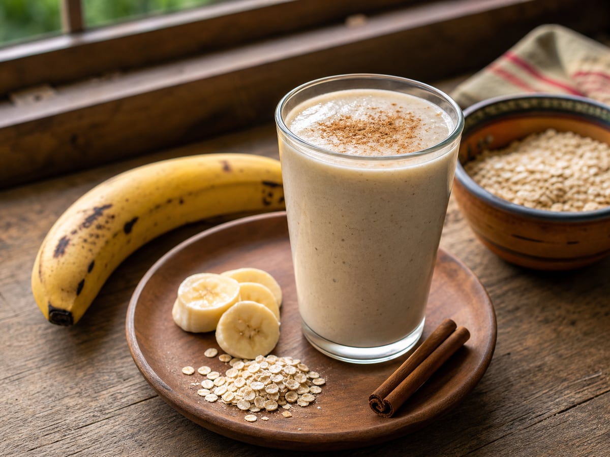 Batido de avena y banano servido en una porción casera con ingredientes visibles