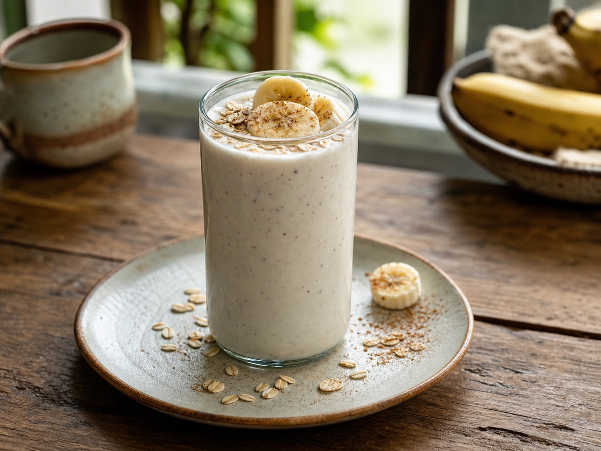 Batido de fruta con avena y yogur servido en una porción casera con ingredientes visibles