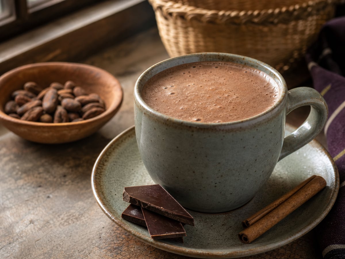 Bebida de cacao con dulzor moderado servido en una porción casera con ingredientes visibles