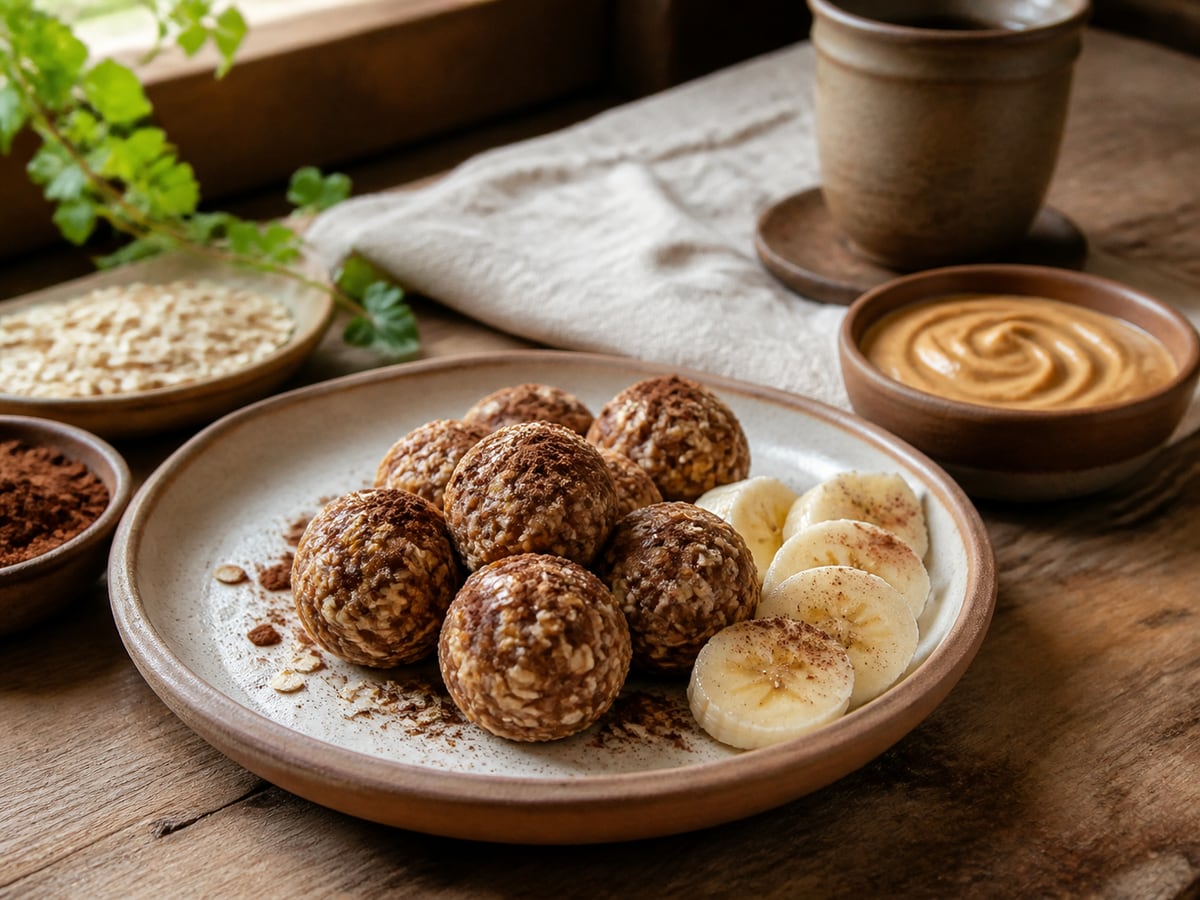 Bolitas de avena y manía servido en una porción casera con ingredientes visibles