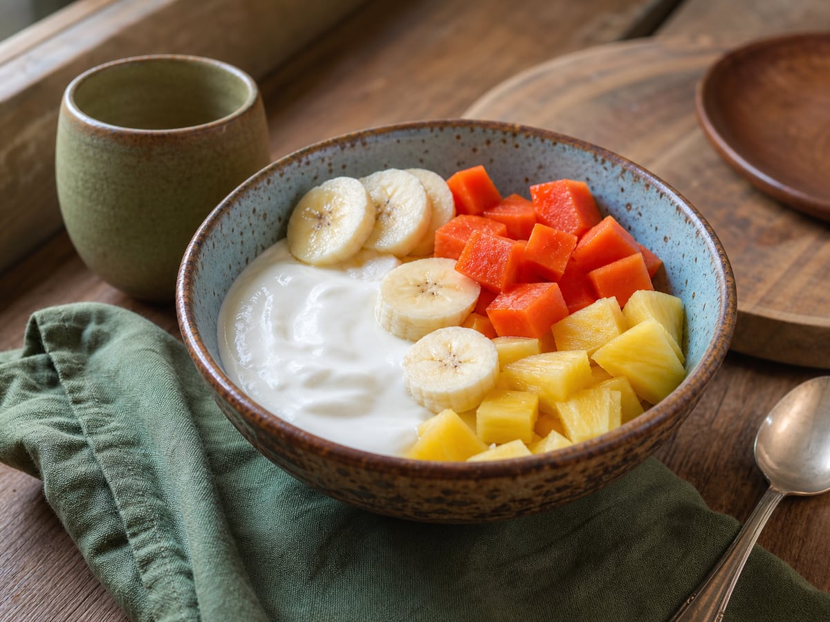 Bowl de frutas con yogur servido en una porción casera con ingredientes visibles