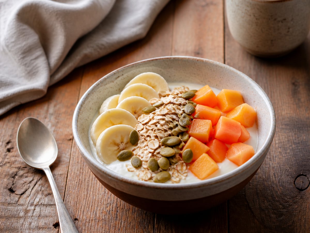 Bowl de yogur con fruta y avena servido en una porción casera con ingredientes visibles