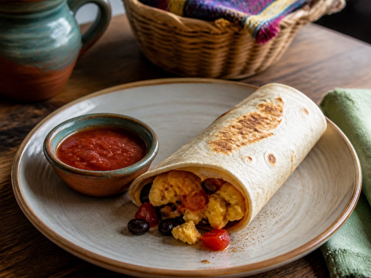 Burrito de desayuno con huevo y frijoles servido en una porción casera con ingredientes visibles