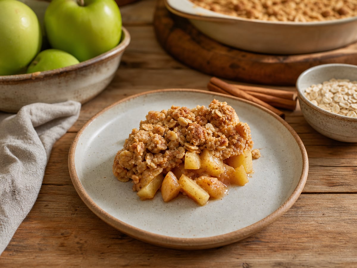Crumble de manzana con avena servido en una porción casera con ingredientes visibles
