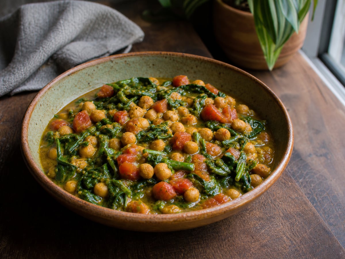 Curry de garbanzos servido en una porción casera con ingredientes visibles